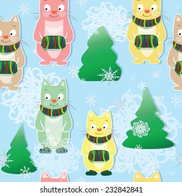 Christmas and New Year seamless pattern with fun cats and snowflakes. Vector background for winter