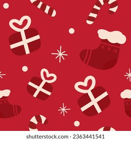 Christmas and New Year seamless pattern with Christmas tree toys and gifts. Fashionable retro style. Vector illustration