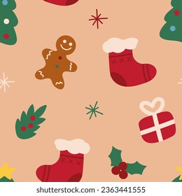 Christmas and New Year seamless pattern with Christmas tree toys and gifts. Fashionable retro style. Vector illustration