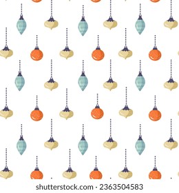 Christmas and New Year seamless pattern with Christmas tree toys and gifts. Fashionable retro style. Vector illustration