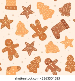 Christmas and New Year seamless pattern with Christmas tree toys and gifts. Fashionable retro style. Vector illustration