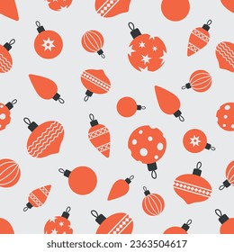 Christmas and New Year seamless pattern with Christmas tree toys and gifts. Fashionable retro style. Vector illustration