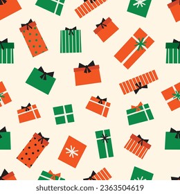 Christmas and New Year seamless pattern with Christmas tree toys and gifts. Fashionable retro style. Vector illustration
