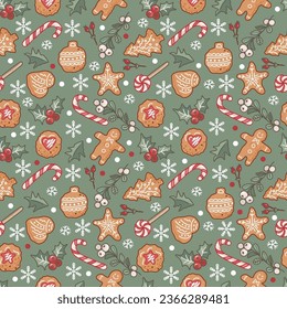 Christmas and New Year seamless pattern with gingerbread cookies, lollipops, mistletoe and holly. Vector illustration.