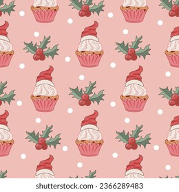 Christmas and New Year seamless pattern with cupcake with Santa hat. Vector illustration.