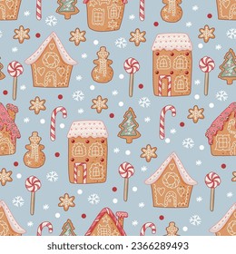 Christmas and New Year seamless pattern with gingerbread houses. Vector illustration.