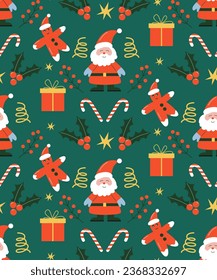 Christmas and New Year seamless pattern background with festive elements: gifts, candy, Santa,ginger bread, Ilex or holly berry on dark green background. Vector illustration.