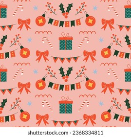 Navidad y Año Nuevo con un fondo de patrón sin fisuras con elementos festivos: regalos, caramelos, baya, banderas, arco. Fondo rosa. Ilustración vectorial.