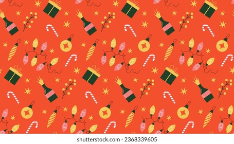 Christmas and New Year seamless pattern background with festive elements: gifts, candy,holly berry, garland, champagne. Red background,Vector illustration.
