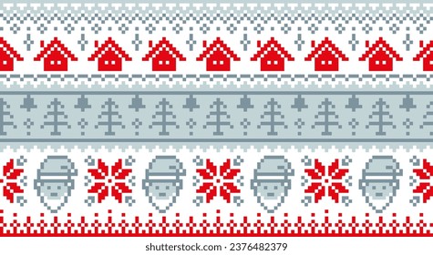 Christmas and New Year seamless pattern. Pixel art with House and santa head in gray and red colors. Winter pattern  with nordic snowflakes. Design for hat, ugly sweater, jumper, paper card.