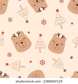Navidad o Año Nuevo patrón sin fisuras con dibujos de osos, árbol de Navidad y copos de nieve sobre el vector de fondo marrón.
