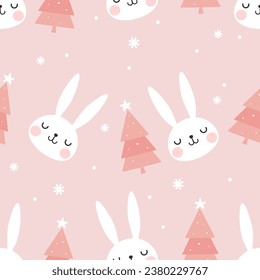 Christmas and New year seamless pattern with bunny rabbit cartoons, star and Christmas tree on pink background vector illustration.