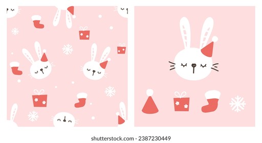 Patrón de Navidad o Año Nuevo sin fisuras con dibujos animados de conejo conejo conejo, caja de regalo, calcetín y copo de nieve en la ilustración del vector de fondo rosa.