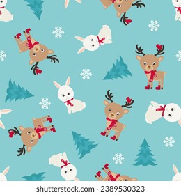 Christmas or New Year seamless pattern with cute cartoon hare, funny reindeer, snowflakes and christmas tree. Winter festive vector background. 