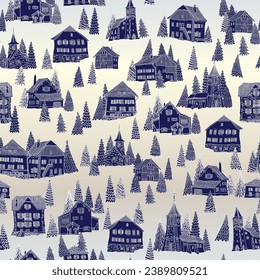 Christmas and New Year seamless pattern. Fairy tale old Alpine houses, fir tree and spruce on a silver gradient background