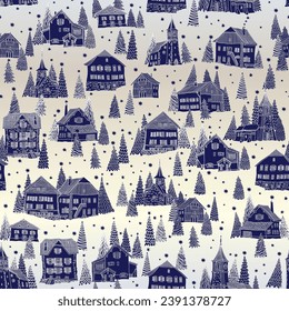 Christmas and New Year seamless pattern. Fairy tale old Alpine houses, stars, snowflakes, fir tree and spruce on a silver gradient background
