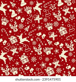 Christmas and new year seamless pattern with deer, snowflakes, santa claus hat and other christmas decor on a red background