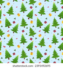Navidad y año nuevo patrón sin fisuras con árboles de navidad, cajas de regalo, arco y bayas rojas en fondo azul claro. Textura de Navidad para textiles, tarjetas de felicitación, papeles de envoltura. Vector