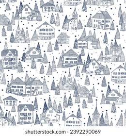 Christmas and New Year seamless pattern. Fairy tale mountain houses, stars, snowflakes, fir tree and spruce. Coloring book page