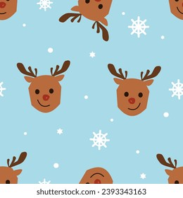 Christmas or New year seamless pattern with reindeer cartoon and snowflakes on blue background vector illustration.