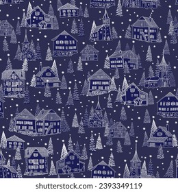 Christmas and New Year seamless pattern. Fairy tale Alpine houses, stars, snowflakes, fir tree and spruce on a dark blue background