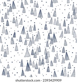 Christmas and New Year seamless pattern. Fairy tale mountain forest, stars, snowflakes, fir tree and spruce. Coloring book page