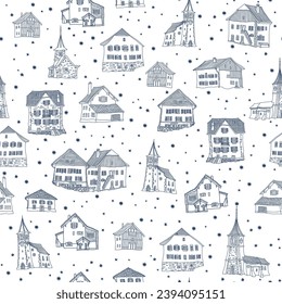 Christmas and New Year seamless pattern. Fairy tale mountain houses, stars, snowflakes. Coloring book page