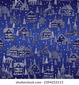 Christmas and New Year seamless pattern. Fairy tale Alpine houses, stars, snowflakes, fir tree and spruce on a dark blue gradient background