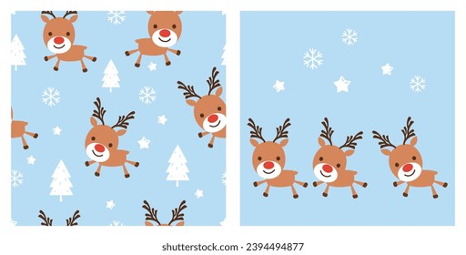 Christmas or New year seamless pattern with reindeer cartoons, pine tree and snowflakes on blue sky background. Reindeer set and snow icon. 