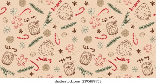 Christmas, new year seamless pattern with fir-tree decorations, egg-nog and spices. Brown, green, red, eco paper. Vector texture for wrapping paper, greeting card, poster, invitation, banner design.