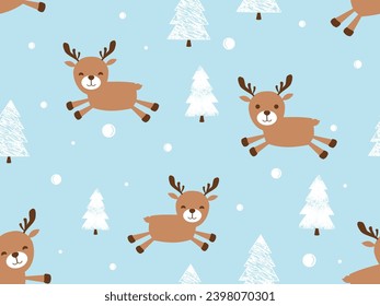 Christmas or New year seamless pattern with reindeer cartoons, snowflakes and pine tree on blue background vector illustration.