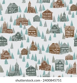 Christmas and New Year seamless pattern. Fairy tale Alpine houses, fir tree and spruce with snow on a grey background