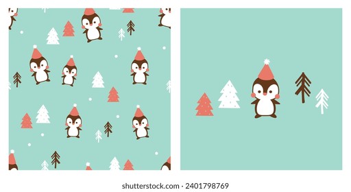 Christmas or New year seamless pattern with penguin cartoons, Christmas tree, pine tree and snowflakes on green background vector.