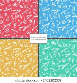 Navidad y año nuevo patrón sin fisuras con ramas de abetos, conos, ornamentos, presentan cajas de colores brillantes. Para fondo festivo, diseño de embalaje.