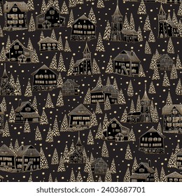 Christmas and New Year seamless pattern. Fairy tale Alpine houses, stars, snowflakes, fir tree and spruce, golden doodle on a black background