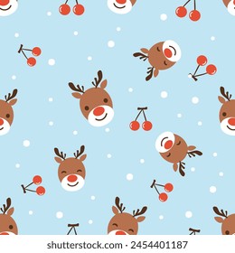 Christmas or New year seamless pattern with reindeer cartoons, snowflakes and cherry fruit on blue background vector.