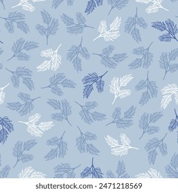 Weihnachtsmusiken und Neues Jahr nahtloses Muster mit handgezeichneten Tannenzweigen. Scandi Thema florale Textur. Netter Winterhintergrund für Urlaubsdesign Packpapier, Karte, Geschenk, Stoff, Textil, Bildschirmhintergrund.