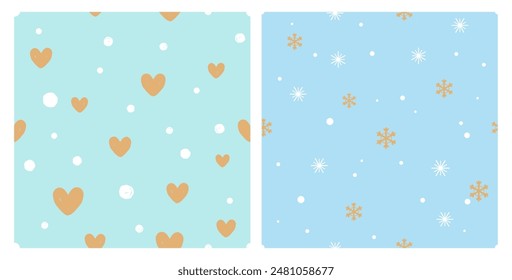 Navidades o Nuevo año patrón sin fisuras con corazón dorado y copos de nieve en Vector de fondos verdes y azules.