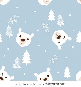Christmas or New year seamless pattern with cute bear cartoons, snowflakes and pine tree on blue background vector.