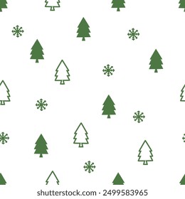 Navidades o patrón sin fisuras del año Nuevo con el árbol de pino verde y los copos de nieve en el Vector blanco del fondo.