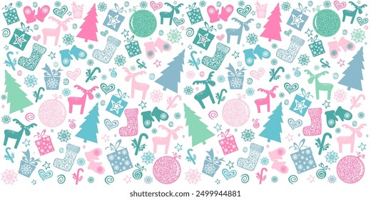 Christmas and New Year seamless pattern. Christmas holiday background. Seamless pattern wallpaper of gift box, deer, Christmas ball, Xmas tree, boots, mittens, candy, stars and snowflakes. Vector