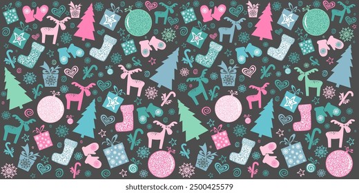 Christmas and New Year seamless pattern. Christmas holiday background. Seamless pattern wallpaper of gift box, deer, Christmas ball, Xmas tree, boots, mittens, candy, stars and snowflakes. Vector