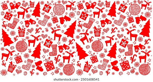 Christmas and New Year seamless pattern. Christmas red holiday background.  Good for textile fabric design, wrapping paper, website wallpapers, textile, wallpaper and apparel. vector illustration