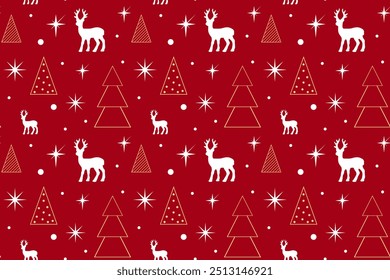 Christmas and New Year seamless pattern with Reindeers and Christmas tree on a red background