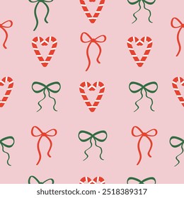 Christmas and New Year Seamless Pattern with Ribbon Bow. Trendy Bows. gift ribbons. Trendy hair braiding accessory. Vector Graphics