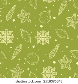 Christmas and New year seamless pattern. Vector background with christmas decorations. Ball, pine tree, icicle, pine cone, present box, warm hat, socks