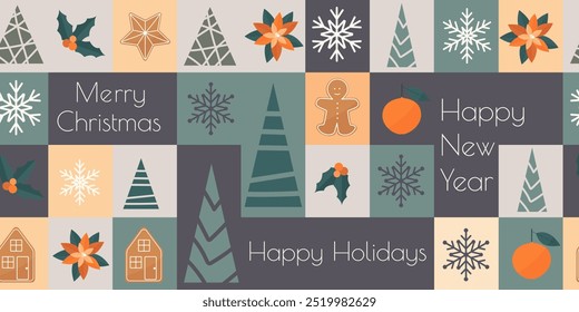 Christmas and New Year seamless pattern in minimalist modern style. Flat illustration. Vector elements.