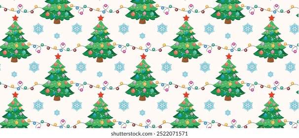 Navidades y patrón sin fisuras del año Nuevo con el árbol, las guirnaldas y los copos de nieve. Vector.