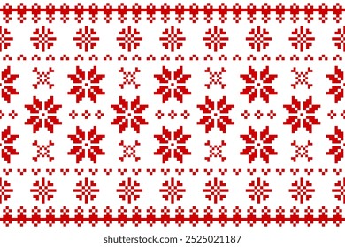 Natal e Ano Novo padrão sem emenda. Flocos de neve vermelhos em padrão de pixel branco para chapéu de inverno, suéter, envoltório, tecido ou outros desenhos.
