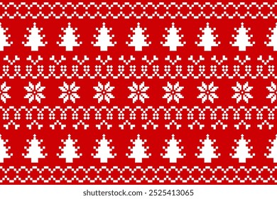 Christmas and New Year seamless pattern. White snowflakes and Christmas tree on red pixel pattern for winter hat,jumper,sweater, wrapping,fabric,border,rim,carpets, blankets, towels.